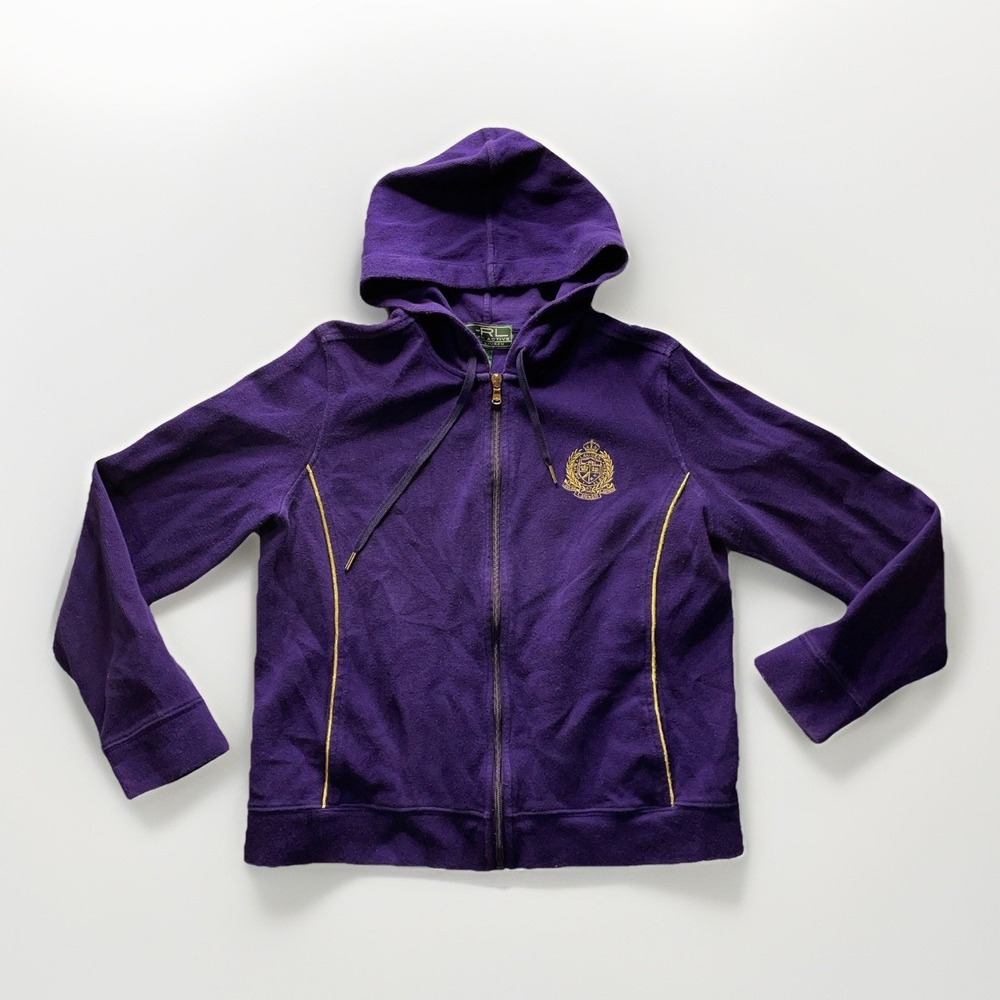 Vintage Lauren Ralph Lauren Hoodie Womens L Purple Gold Crest Zip Up Jacket LRL